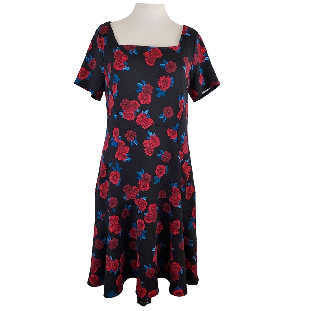 LANE BRYANT Midi DRESS 14 Fit & Flare Black Red Roses Floral Stretch Church